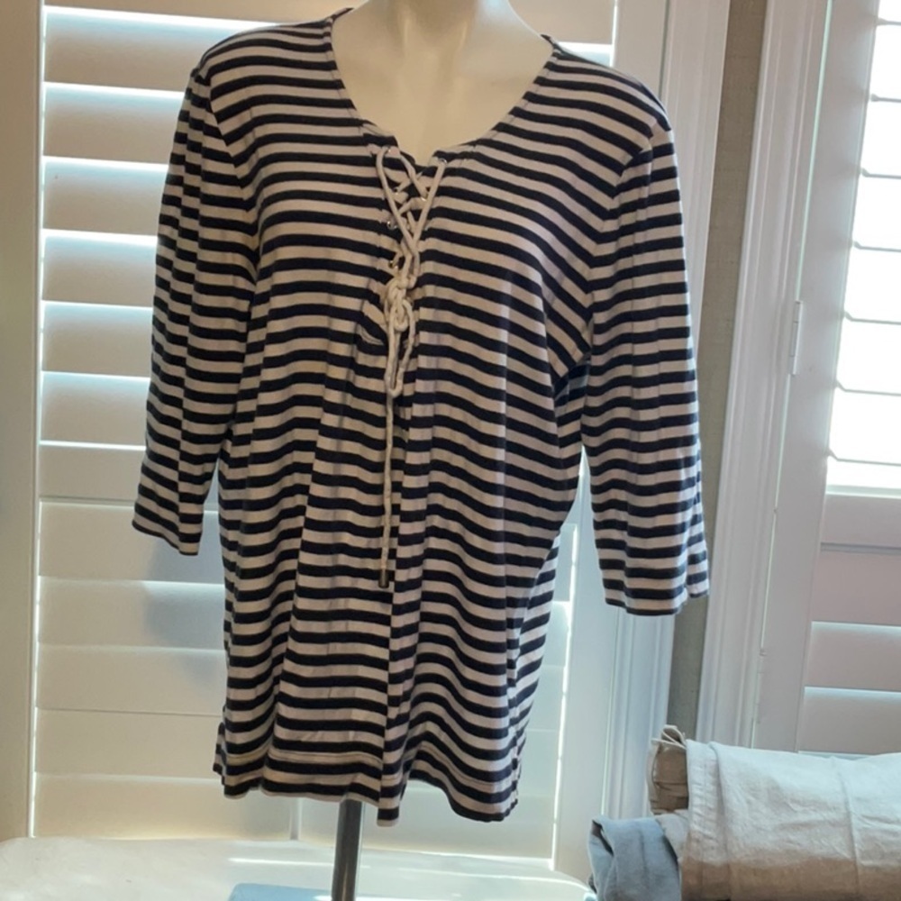 Just My Size Black and White Tie Front 3/4 Sleeve Blouse
